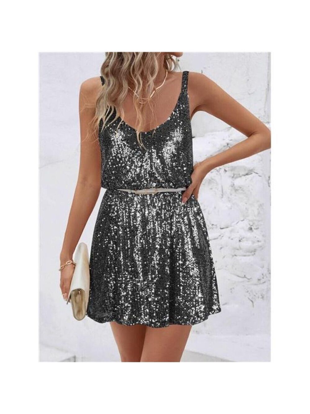 Black Silver Sequin V Neck Dress Sleeveless Short Flowy Party Night